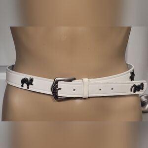 White Leather Belt Southwestern Concho Symbolic Animals Silver Tone Medallions